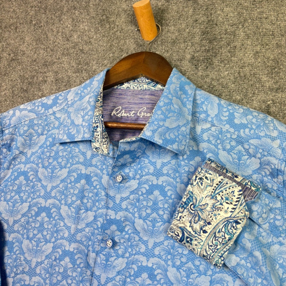 Robert Graham Button Down Shirt Mens XL Blue Damask Floral Paisley Classic Fit